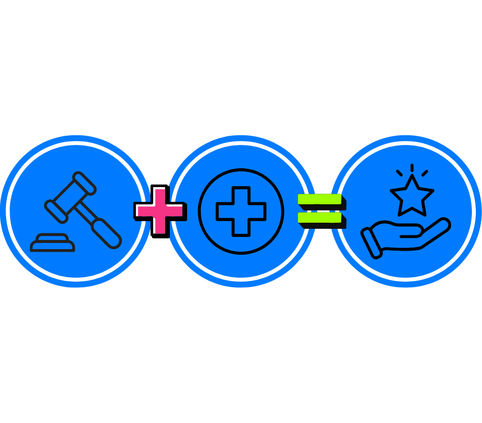 Graphic showing law and medical icons combining to represent personal injury case management and client satisfaction.