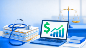 Outsourcing medical record retrieval for law firms illustrated by medical files, stethoscope, and laptop cost chart beside scales of justice in a personal injury practice setting.